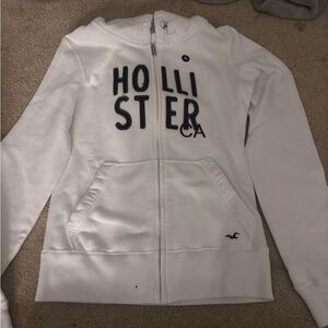 Hollister White Full-Zip Hoodie with Navy Embroidery